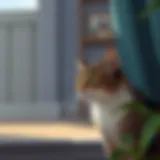 A street cat observing its new indoor environment cautiously