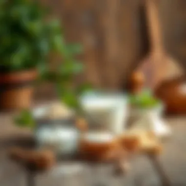 Ingredients for making sweet yogurt displayed on a wooden table