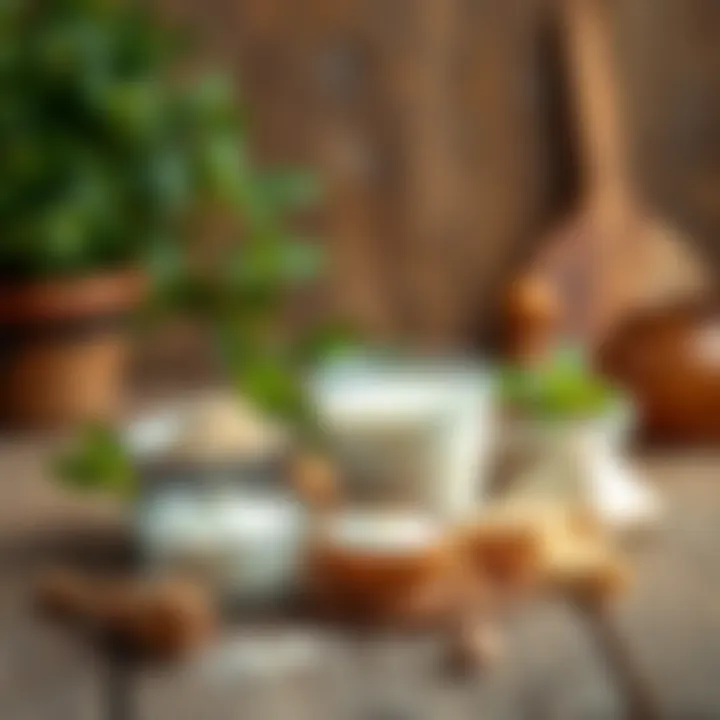 Ingredients for making sweet yogurt displayed on a wooden table