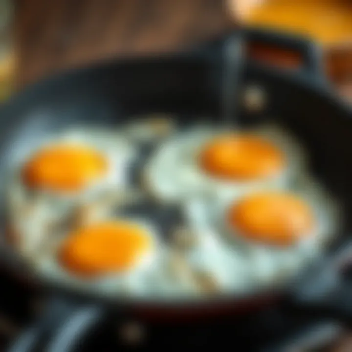 Fried eggs sizzling in a skillet