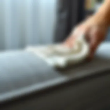 Close-up of upholstery material being cleaned